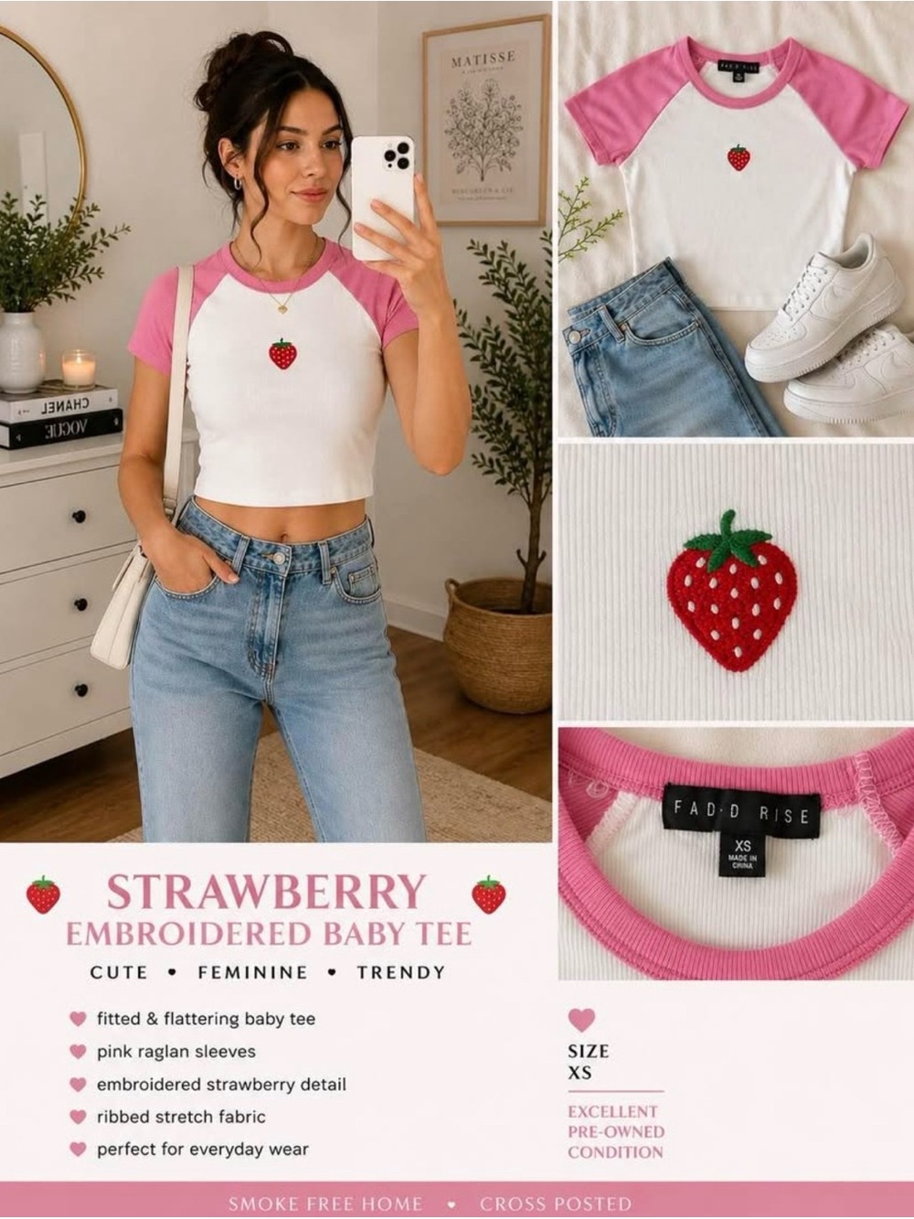 FAD•D RISE White & Pink Strawberry Embroidered Baby Tee